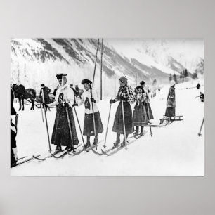 Viktorianische Skifahrerinnen, Schwarz-Weiß-Retro- Poster