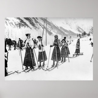 Viktorianische Skifahrerinnen, Schwarz-Weiß-Retro- Poster