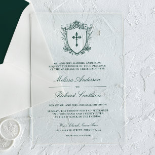 Viktorianische Smaragdgrüne katholische Hochzeit Acryleinladungen
