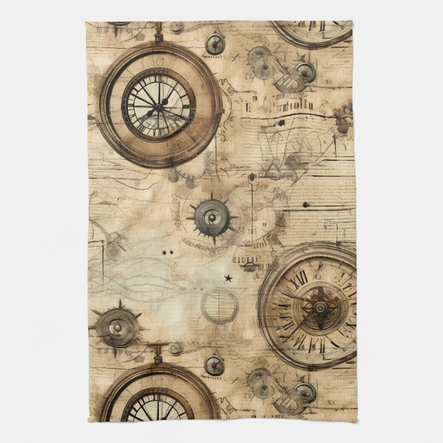 Viktorianische Steampunk-Maschinerie Sepia-Braun Geschirrtuch (Vertikal)