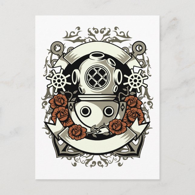 Viktorianische Steampunk-Tiefseetaucher-Rote Rosen Postkarte (Vorderseite)