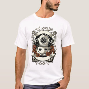 Viktorianische Steampunk-Tiefseetaucher-Rote Rosen T-Shirt