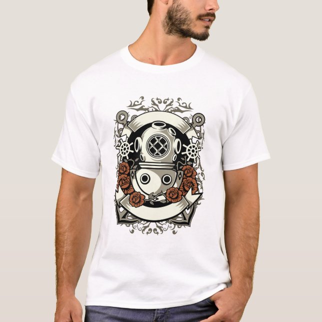 Viktorianische Steampunk-Tiefseetaucher-Rote Rosen T-Shirt (Vorderseite)