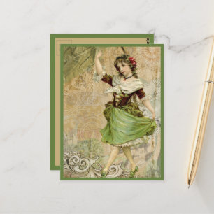 Viktorianische tanzende Mädchen Grün rote Rose Postkarte