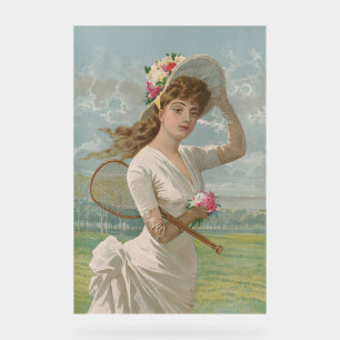 Viktorianische Tennisdame mit Blumenhut Antik Acrylschild