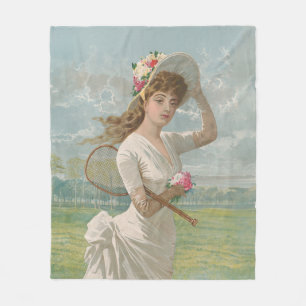 Viktorianische Tennisdame mit Blumenhut Antik Fleecedecke