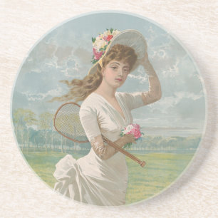 Viktorianische Tennisdame mit Blumenhut Antik Getränkeuntersetzer