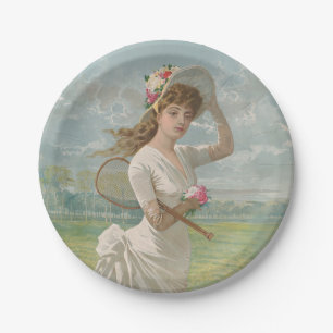 Viktorianische Tennisdame mit Blumenhut Antik Pappteller