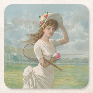 Viktorianische Tennisdame mit Blumenhut Antik Rechteckiger Pappuntersetzer