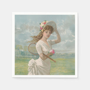 Viktorianische Tennisdame mit Blumenhut Antik Serviette