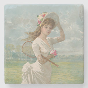 Viktorianische Tennisdame mit Blumenhut Antik Steinuntersetzer