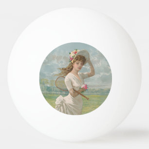 Viktorianische Tennisdame mit Blumenhut Antik Tischtennisball