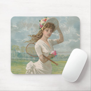 Viktorianische Tennisdame mit Blütenhut Antik Mousepad