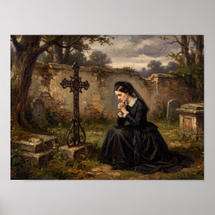 Viktorianische trauernde Frau, die in der Kirche b Poster