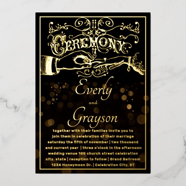 Viktorianische Typografie Elegante Black Gold Wedd Folieneinladung (Vorderseite)
