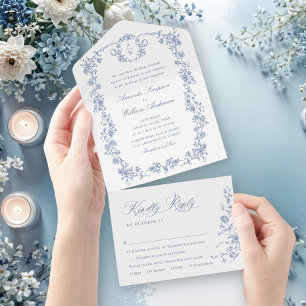Viktorianische Verzierte Grace Floral Dusty Blue W All In One Einladung