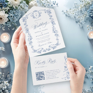 Viktorianische Verzierte Grace Floral Dusty Blue W All In One Einladung