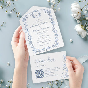 Viktorianische Verzierte Grace Floral Dusty Blue W All In One Einladung