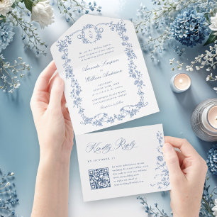Viktorianische Verzierte Grace Floral Dusty Blue W All In One Einladung