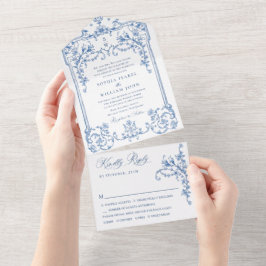 Viktorianische Verzierte Grace Floral Dusty Blue W All In One Einladung