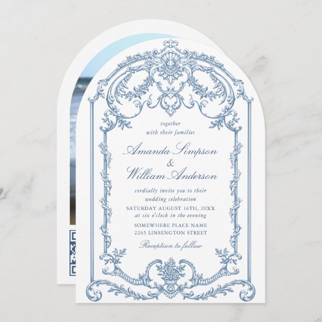 Viktorianische Verzierte Grace Floral Dusty Blue W Einladung (Vorne/Hinten)