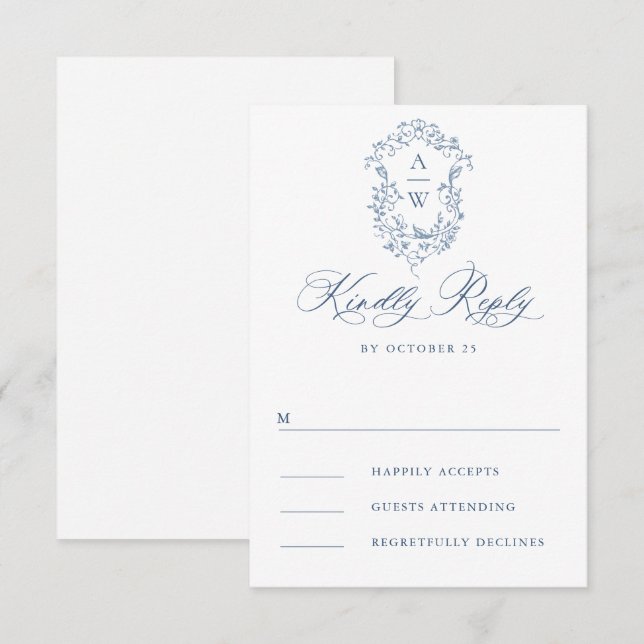 Viktorianische Verzierte Grace Floral Dusty Blue W RSVP Karte (Vorne/Hinten)