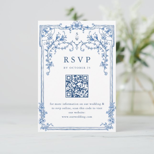Viktorianische Verzierte Grace Floral Dusty Blue W RSVP Karte (Stehend Vorderseite)