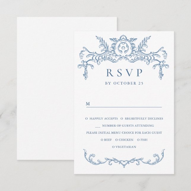 Viktorianische Verzierte Grace Floral Dusty Blue W RSVP Karte (Vorne/Hinten)