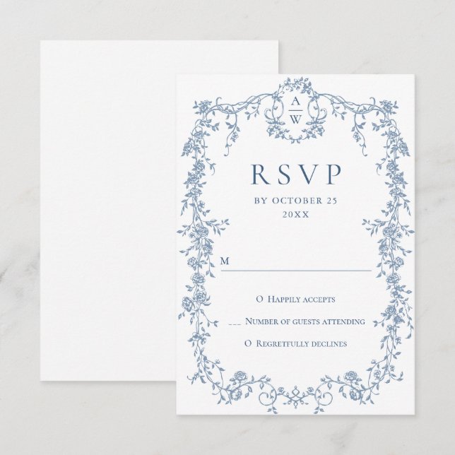 Viktorianische Verzierte Grace Floral Dusty Blue W RSVP Karte (Vorne/Hinten)