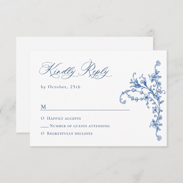 Viktorianische Verzierte Grace Floral Dusty Blue W RSVP Karte (Vorne/Hinten)