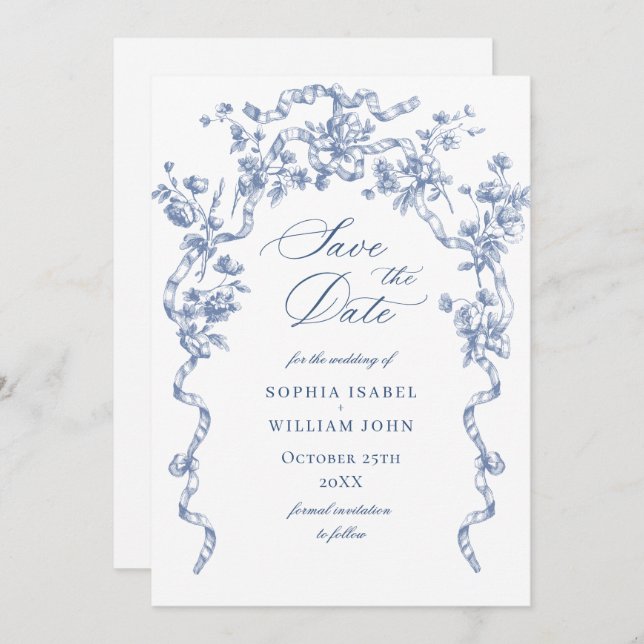 Viktorianische Verzierte Grace Floral Dusty Blue W Save The Date (Vorne/Hinten)