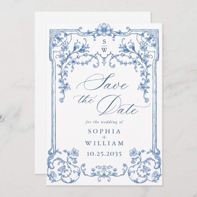 Viktorianische Verzierte Grace Floral Dusty Blue W Save The Date (Vorne/Hinten)
