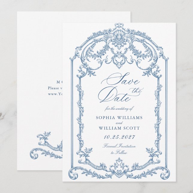Viktorianische Verzierte Grace Floral Dusty Blue W Save The Date (Vorne/Hinten)