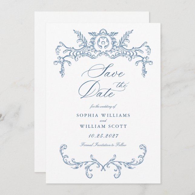 Viktorianische Verzierte Grace Floral Dusty Blue W Save The Date (Vorne/Hinten)