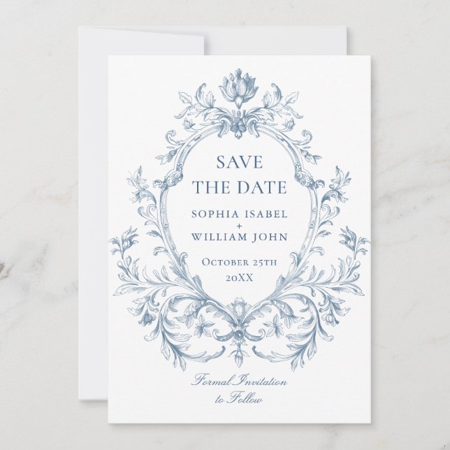 Viktorianische Verzierte Grace Floral Dusty Blue W Save The Date (Vorderseite)