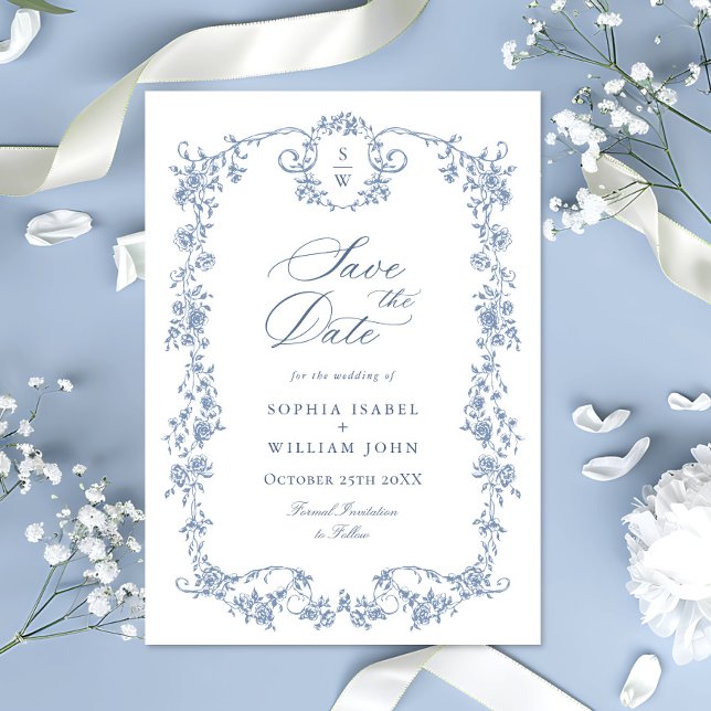 Viktorianische Verzierte Grace Floral Dusty Blue W Save The Date (Von Creator hochgeladen)
