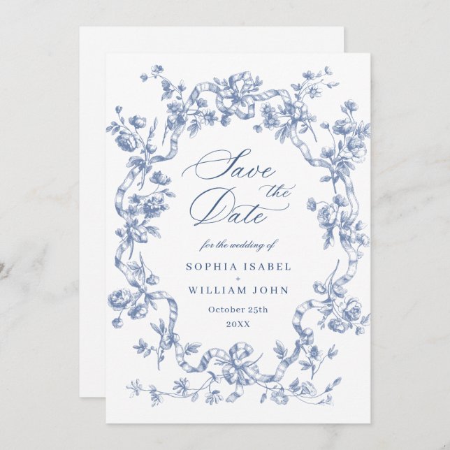 Viktorianische Verzierte Grace Floral Dusty Blue W Save The Date (Vorne/Hinten)