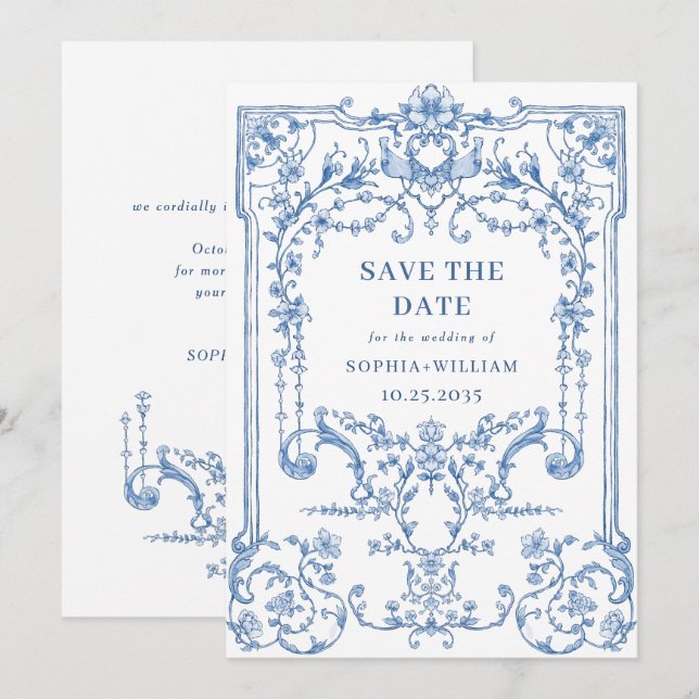 Viktorianische Verzierte Grace Floral Dusty Blue W Save The Date (Vorne/Hinten)