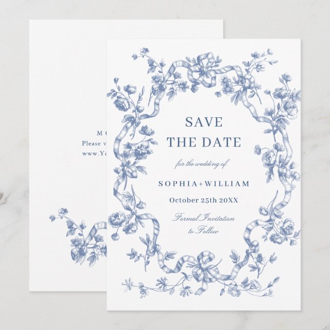 Viktorianische Verzierte Grace Floral Dusty Blue W Save The Date (Vorne/Hinten)