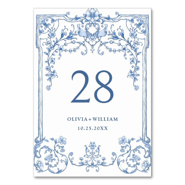 Viktorianische Verzierte Grace Floral Dusty Blue W Tischnummer (Vorderseite)