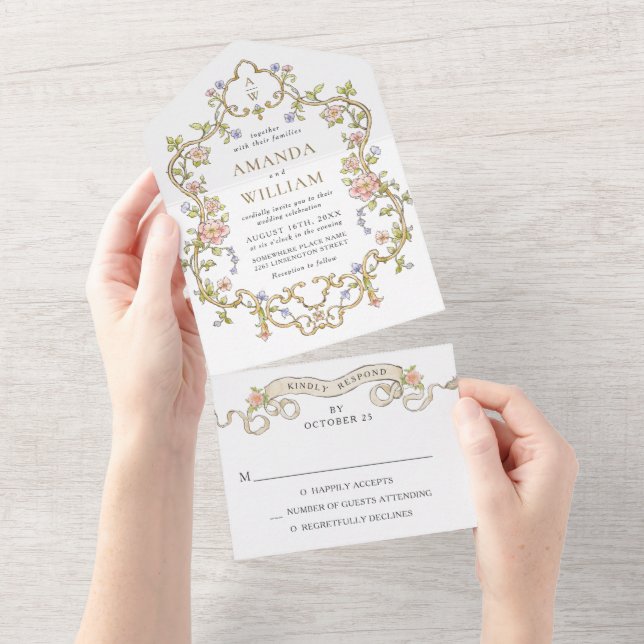 Viktorianische Verzierte Grace Floral Frame Weddin All In One Einladung (Abreißen)