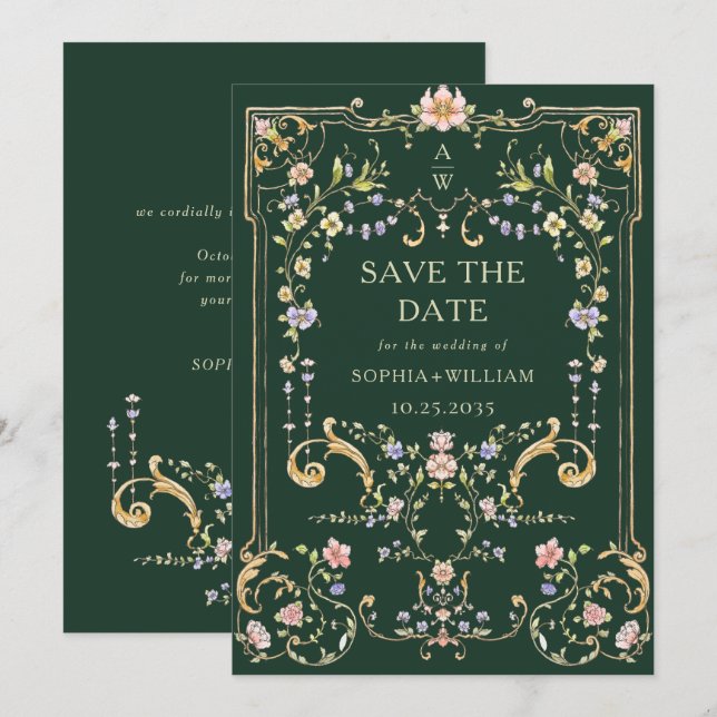 Viktorianische Verzierte Grace Floral Frame Weddin Save The Date (Vorne/Hinten)