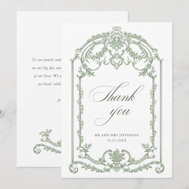 Viktorianische Verzierte Grace Floral Sage Grüne H Dankeskarte (Vorne/Hinten)