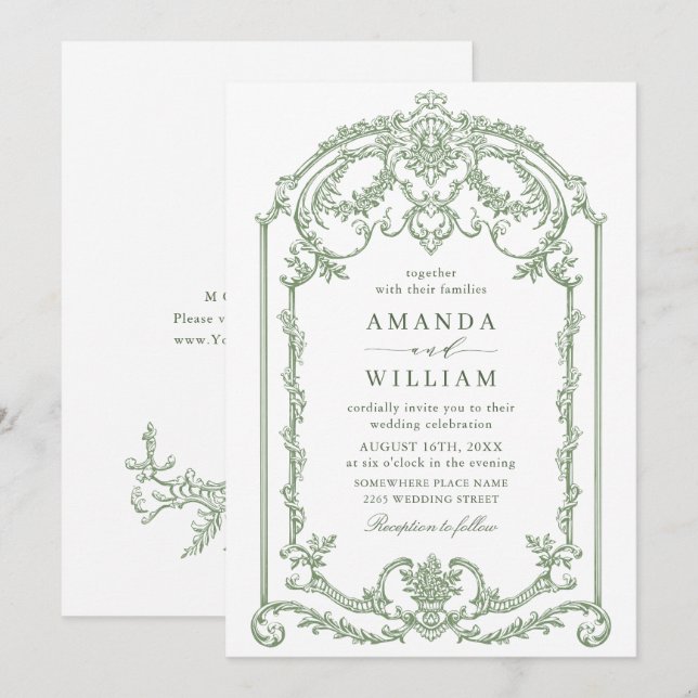 Viktorianische Verzierte Grace Floral Sage Grüne H Einladung (Vorne/Hinten)