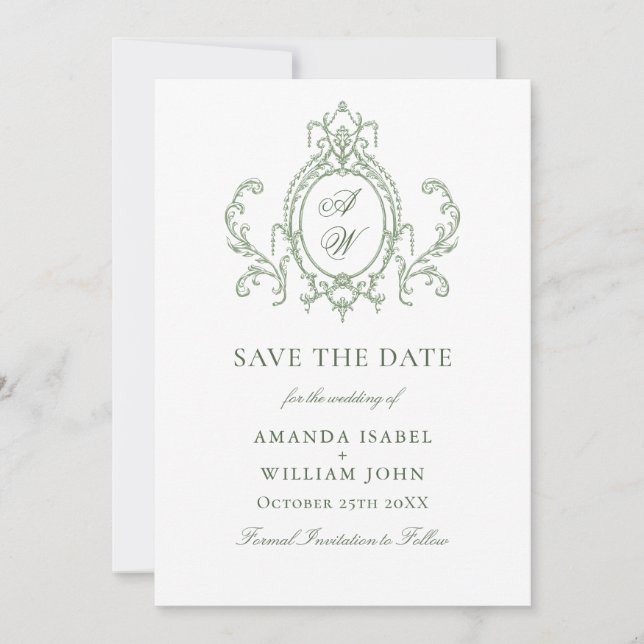 Viktorianische Verzierte Grace Floral Sage Grüne H Save The Date (Vorderseite)