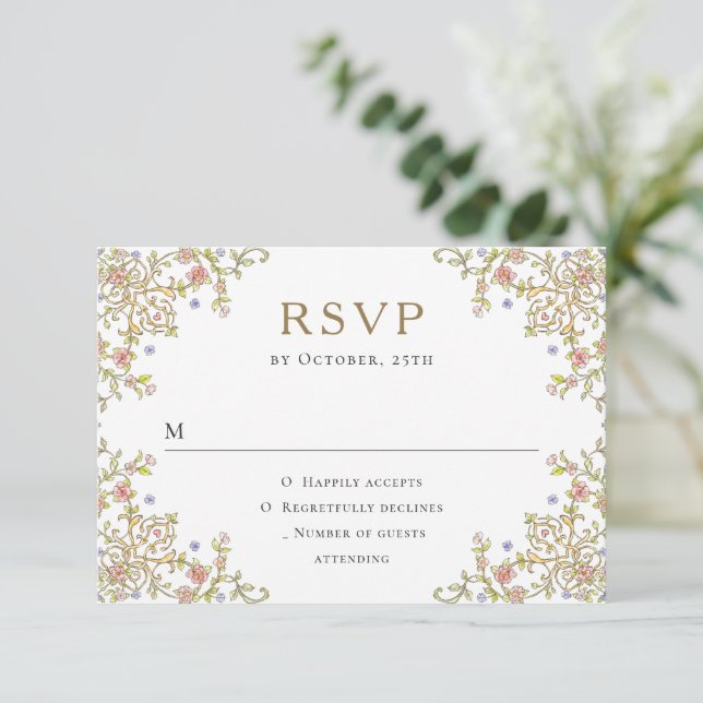 Viktorianische Verzierte Grace Floral Wedding RSVP Karte (Stehend Vorderseite)
