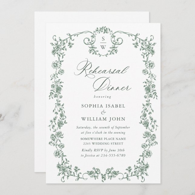 Viktorianische Verzierte Grace Sage Green Probe Di Einladung (Vorne/Hinten)