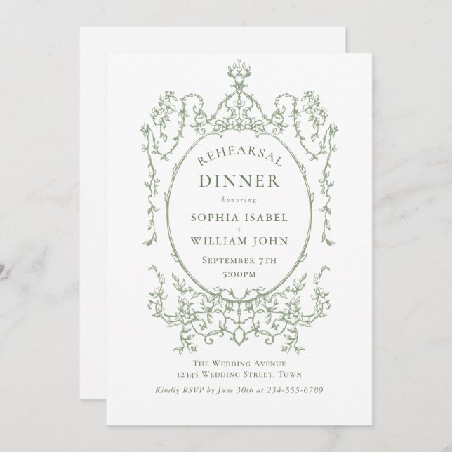 Viktorianische Verzierte Grace Sage Green Probe Di Einladung (Vorne/Hinten)