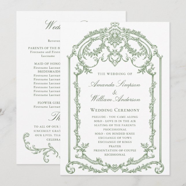 Viktorianische Verzierte Grace Sage Grüne Hochzeit Programm (Vorne/Hinten)
