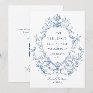 Viktorianische verzierte Grazie Florale Staubblau Save The Date